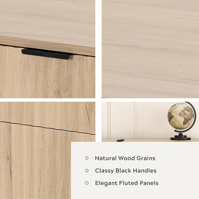 47 Home Office Desk with Fluted Drawers Wood Exectuive Desk with Storage Cabinet Charging Station Metal Legs Modern Farmhouse Computer Desk for Work Study Light Oak