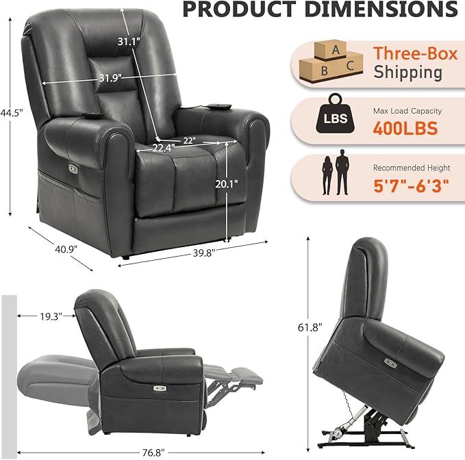 EONIX Four Motor Lay Flat Power Lift Recliner Chair for Elderly 400lbs Electirc Lift Chair for Living Room Independent Adjustable Lumbar Support &amp Headrest Extended Footrest Grey
