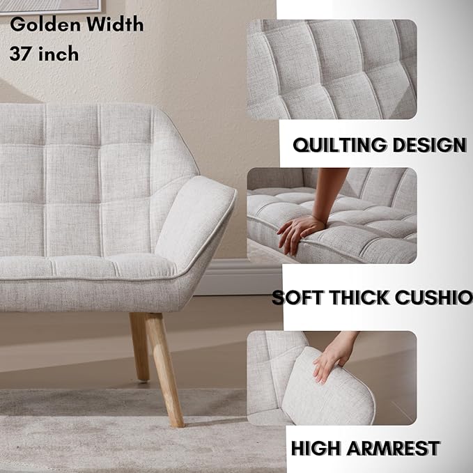 48”Small Loveseat Sofa Modern Linen Upholstered Mini Couch 2-Seater Fluffy Love Seat with Quilting Backs and Wood Legs for Small Space Living Room Bedroom Beige