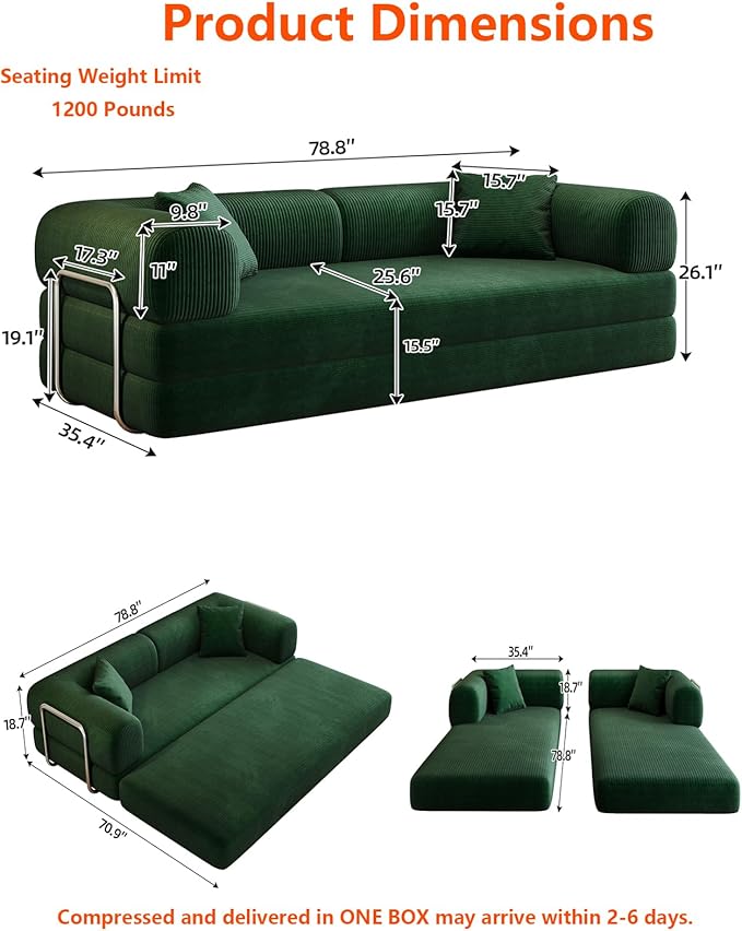 Convertible Sleeper Sofa Bed with Cylindrical Pillow 79 Inch Oversized Corduroy Upholstered Boneless CouchLove Seat Floor Sofas Living RoomSmall Space ApartmentOffice (Green)