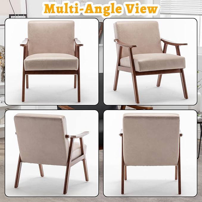 Mid Century Modern Accent Chair Upholstered Armchair Comfy with Wood Legs Siting Chair with Soft Cushion PU Leather Side Chairs for Living Room Bedroom Office (Microfiber Light Camel)