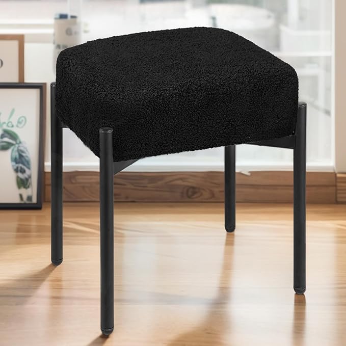 Vanity Stool Chair Faux Fur 16.3L x 12.8W x 17.3H Soft Ottoman Makeup Chair Bench Furry Padded Seat with 4 Metal Legs Footstool Multifunctional Chairs for Bedroom Living Room Black