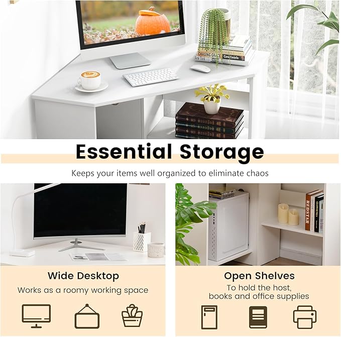 HOMGX Corner Computer Desk Triangle Desk with Storage Shelves Small Corner Desk for Small Spaces Corner Vanity Desk for Home Bedroom Living Room Office (White)