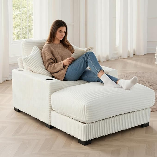 41 Chaise Lounge Indoor Comfy Reading Chair with 2 PillowsUSB Charger Cup Holder Adjustable Backrest Corduroy Sofa Bed Lazy Chair Sleeper Couch Small Couch for Apartment Whtie