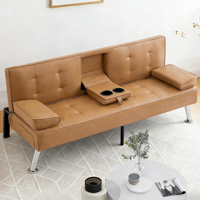 Anwick Convertible Folding Futon Sofa BedModern PU Leather Sleeper Love Seat with 3 Reclining Backrest &amp Cup Holders67 Comfy Sofa Couches for Living Room Small Home Office (Brown)