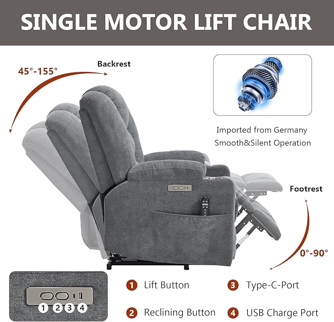 Power Lift Chair with Massage &amp Heat Electric Recliner Chairs for Adults Remote Control Sofa for Living Room Standing Assistance USB Ports Stainless Steel Cup Holders (Grey1)