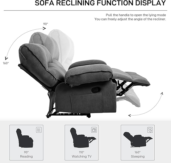 Extra Wide Velvet Manual Recliner Chair for Adults Oversized 27’’ Seat Width Reclining Sofa with Massage and Heating for Big and Tall People Overstuffed Lazy Boy Couch for Living Room Grey