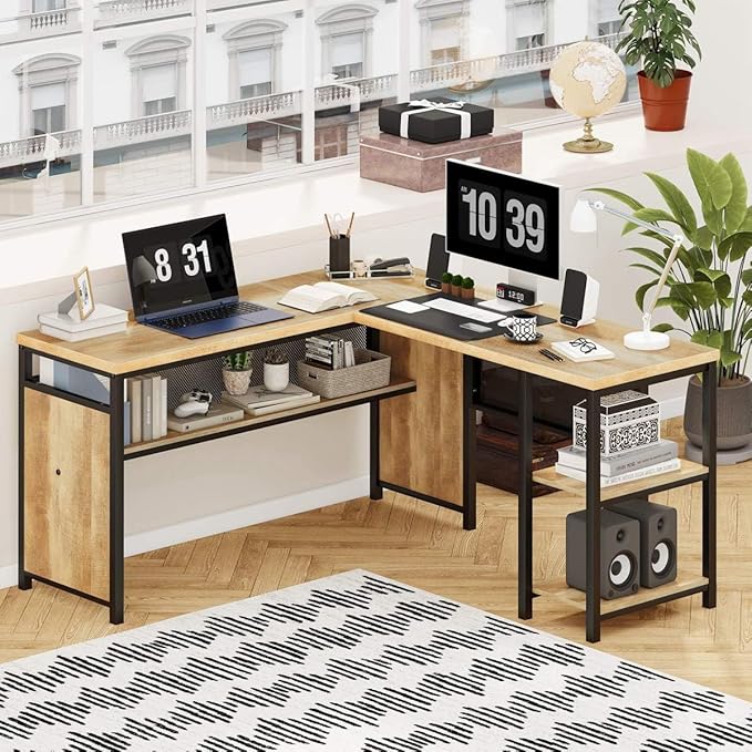 FATORRI L Shaped Computer Desk with Wood Shelves Industrial Rustic Home Office Corner Desk with Metal Legs (Rustic Oak 59 Inch)