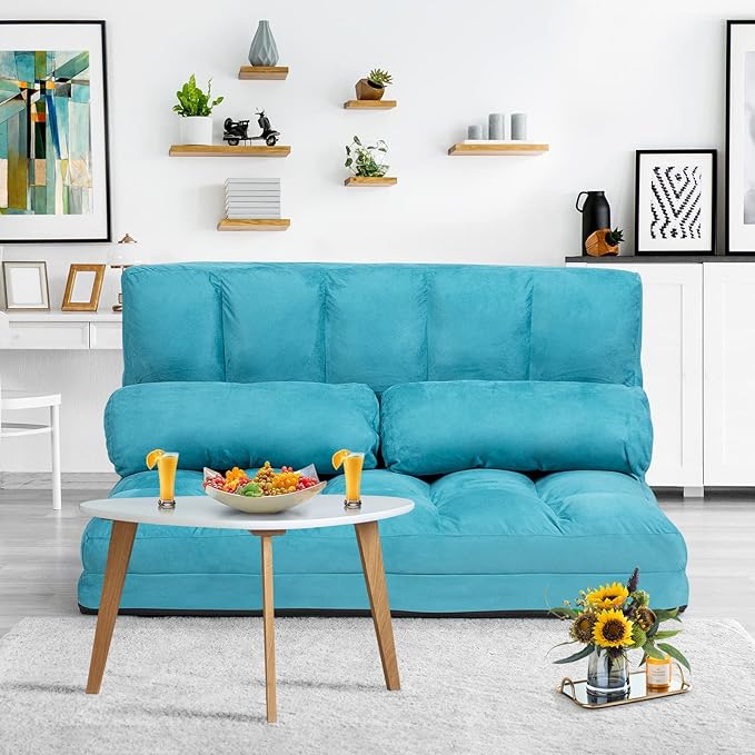 KOMFOTT Adjustable Floor Sofa Bed Foldable Lazy Sofa Sleeper with 6 Position Backrest &amp 2 Pillows Convertible Futon Couch with Suede Cloth Cover Lounge Recliner for Living Room