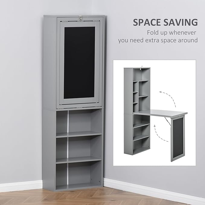 Folding Wall Mounted Desk with Storage Expandable Hidden Computer Desk Foldable Space-Saving Pull Out Murphy Table Writing Table with Blackboard for Home Office Bedroom Small Spaces (Charcoal grey)