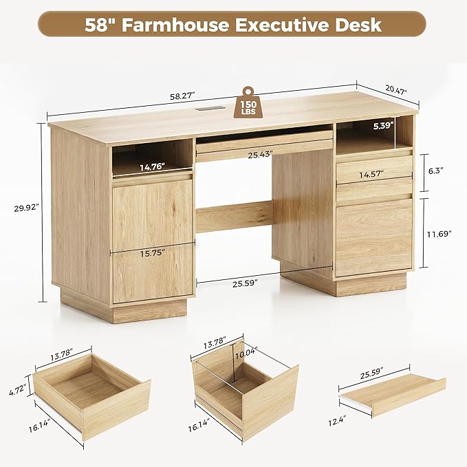 58 Modern Executive Desk with Drawers Office Desk with File Drawer &amp Open Storage &amp Power Outlet Keyboard Tray Wooden Computer Desk for Home Office &amp Studio
