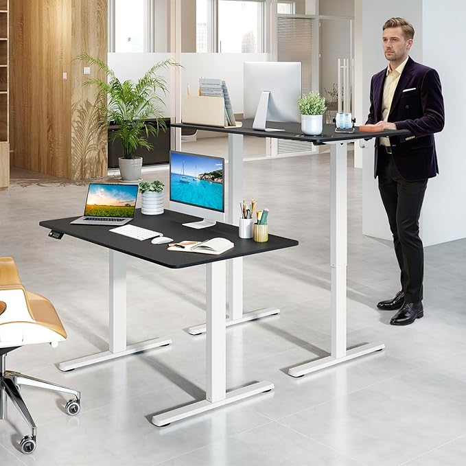 Giantex Electric Standing Desk 48 x 24 Height Adjustable Sit Stand Computer Workstation with 2 Memory Heights Headphone Hook Anti-Collision Design Home Office Computer Desk (Black+White)