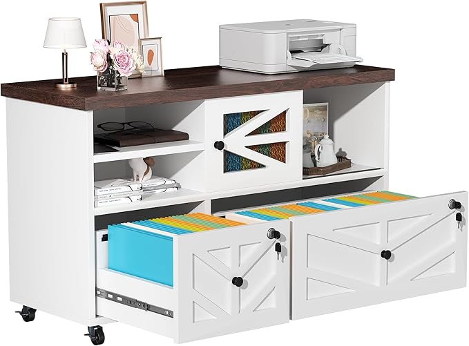 Lockable 2-Drawer Lateral File Cabinet with Open Storage Shelves Rolling Filing Cabinet for Home Office Holds Letter/Legal/A4 Files Heavy Duty Mobile File Cabinet White and Brown