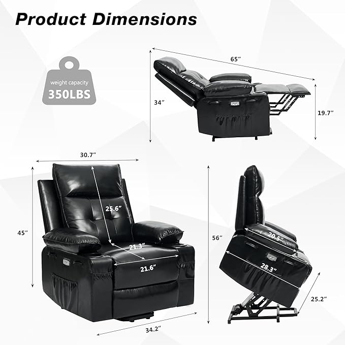 Power Lift Recliner Chair for Elderly with Massage &amp HeatPU LeatherElectric Recliner with USB PortsCup HoldersSide PocketsLift Chair for Living RoomBedroom