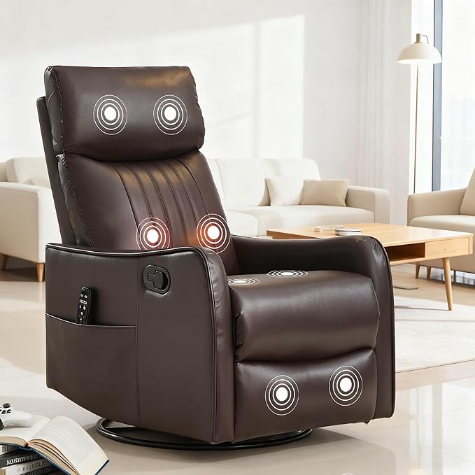 Brown 360° Swivel Rocker Recliner Chair Massage Reclining Chair with 8-Point Vibration &amp Lumbar Heat for Adults Elderly 155° Recline Easy Assembly for Living Room