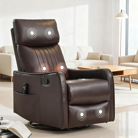Brown 360° Swivel Rocker Recliner Chair Massage Reclining Chair with 8-Point Vibration &amp Lumbar Heat for Adults Elderly 155° Recline Easy Assembly for Living Room