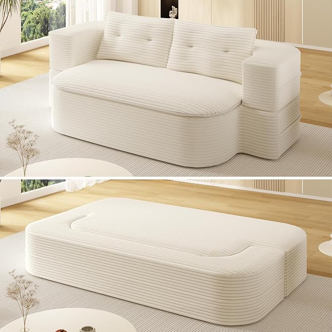 80 Convertible Folding Sofa Bed with Multi Functional BlanketKing Size Folding Mattress Sleeper Cloud Floor CouchCorduroy Boneless Sectional Couches for Living Room Bedroom (Beige)