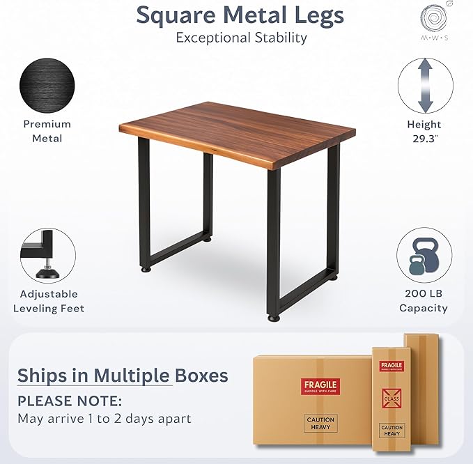 Small Solid Walnut Wood Computer Desk – 38” x 25” Live Edge Wooden Home Office Desk with Sturdy Metal Legs – Handmade Real Wood Table for Work Study or Gaming