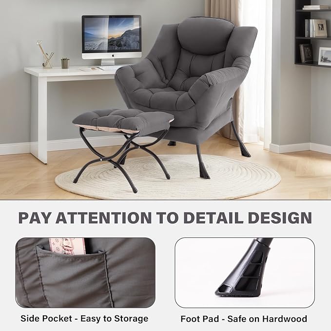 Tiita Lazy Chair with Ottoman Gray Modern Large Accent Chair Comfy Leisure Sofa Armchair with Ottoman Reading Chair with Footrest for Bedroom Living Room Dorm Rooms Garden Dark Grey