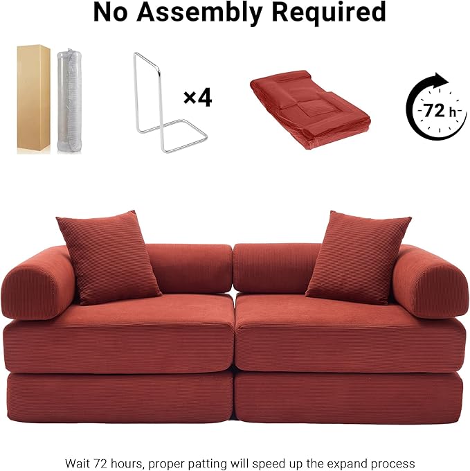 73 Convertible Sleeper Sofa Bed Corduroy Boneless Couch in a Box 4-in-1 Folding Mattress Loveseat Couch Comfy Modular Foldable Floor Sleeper Sofa with 2 Pillows and Fixed-Shape Frame (Red 73)