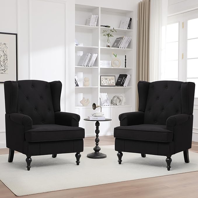 Accent Chair Set of 2 Mid Century Modern Fabric Wingback Chair Upholstered Armchair with High Back and Vintage Legs Comfy Single Sofa Side Reading Chair for Living Room Bedroom Black