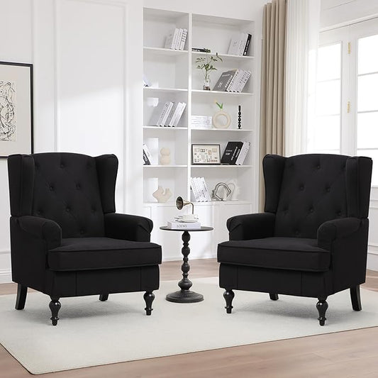 Accent Chair Set of 2 Mid Century Modern Fabric Wingback Chair Upholstered Armchair with High Back and Vintage Legs Comfy Single Sofa Side Reading Chair for Living Room Bedroom Black