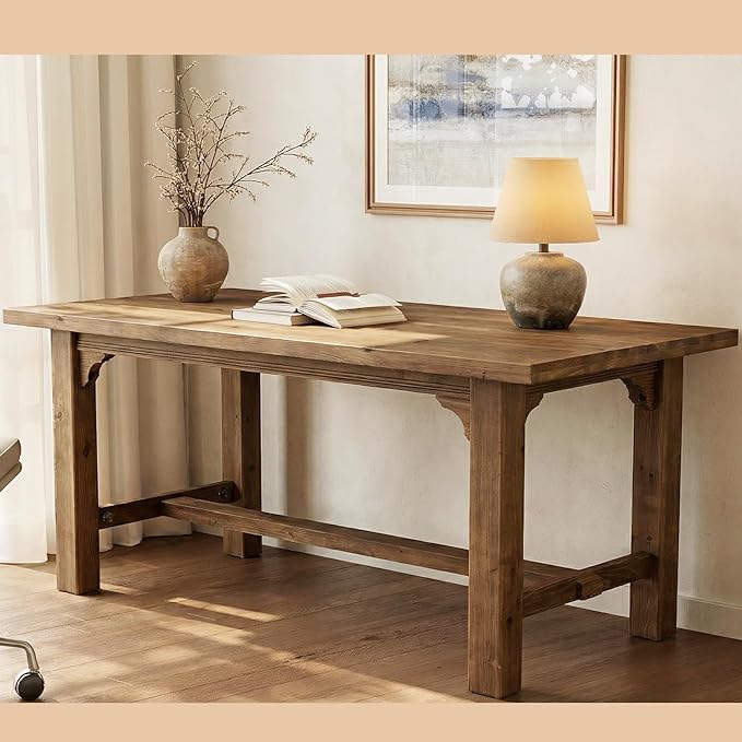 63‑Inch Executive Desk Solid Wood Computer Workstation for Home Office Large Office Desk with Foot Bar Farmhouse Writing Table in Brown