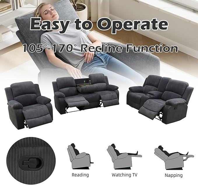 Manual Recliner Chair for Adults Single Reclining Sofa for Living Room/Office/Lounge/Club/Rv Car（Dark Grey CorduroyRecliner Chair）