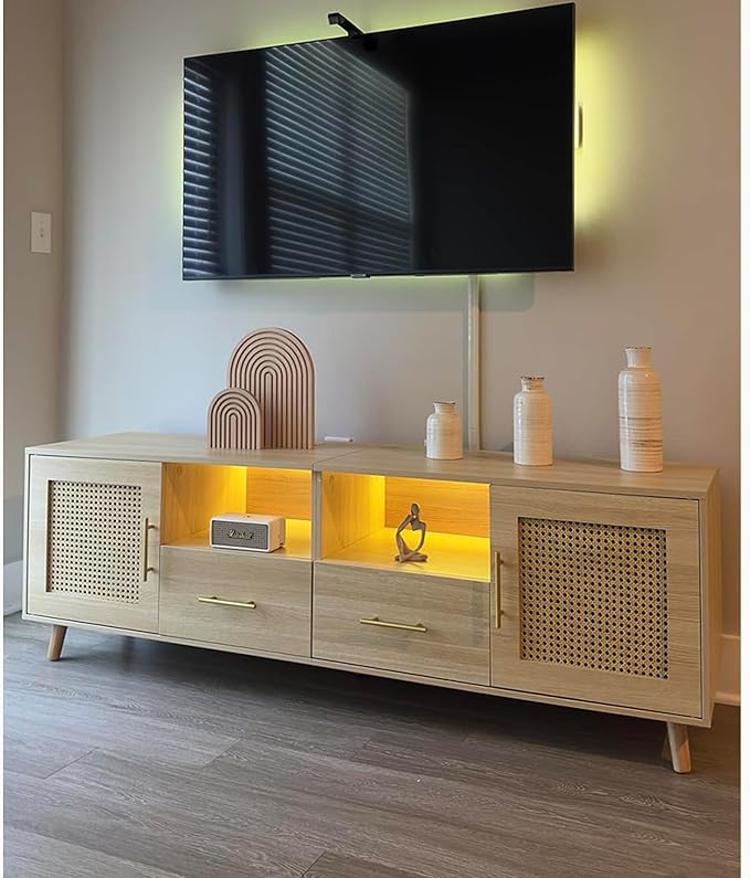 Rattan TV Stand for 70 Inch TV 63 Modern Entertainment Center with LED Light &amp Storage Shelves 2 Drawers and Cabinets Rattan Door Boho TV Stand with Outlet for Living Room Wood