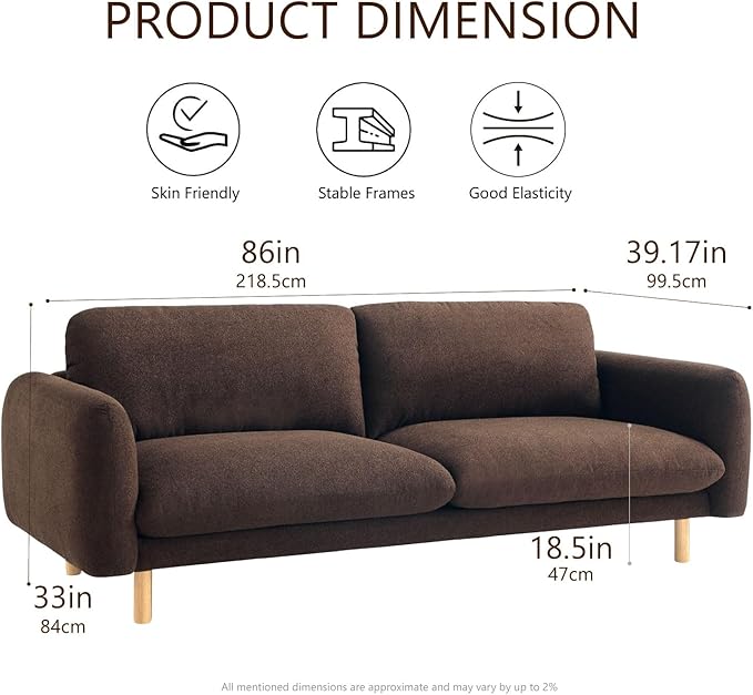 Get Set Style Scandi 3 Seater Sofa Couches 86” Minimalist Modern Upholstered Sofa with Comfort Cushions Couch for Living Room &amp Apartment (Chocolate Sofa)