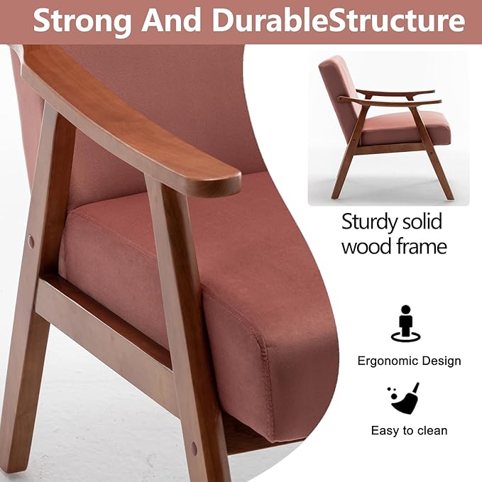 Fefances Mid-Century Modern Accent Chair - Solid Wood Frame Ultra-Thick Backrest Wingback Design Perfect for Bedroom &amp Indoor Lounge AreaPink