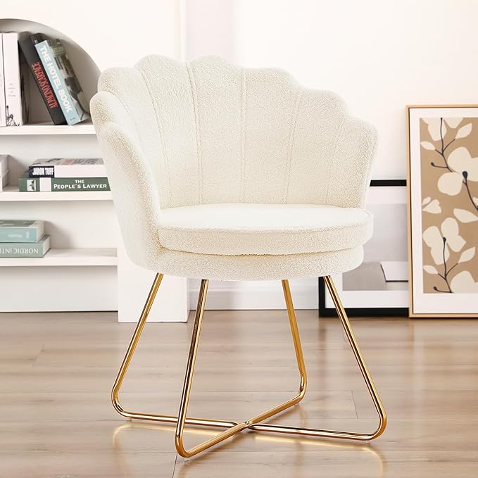 Furnimart Vanity Chair with Back Shell Accent Chair for Living Room Criss Cross Chair with Gold Legs Makeup Chair for Bedroom Desk Chair no Wheels Faux Fur White