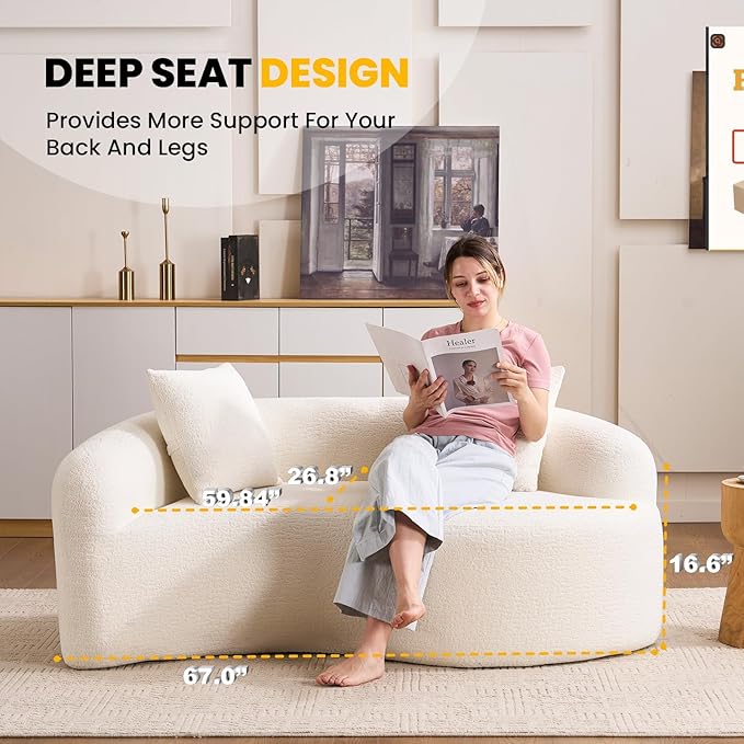 66.9'' Modular Sectional Loveseat Chenille Upholstered Boneless Curved Loveseat with Deep SeatCombination Round Sofa for Coffee Shop Game Room Office (Cream White 66.9 Inch)