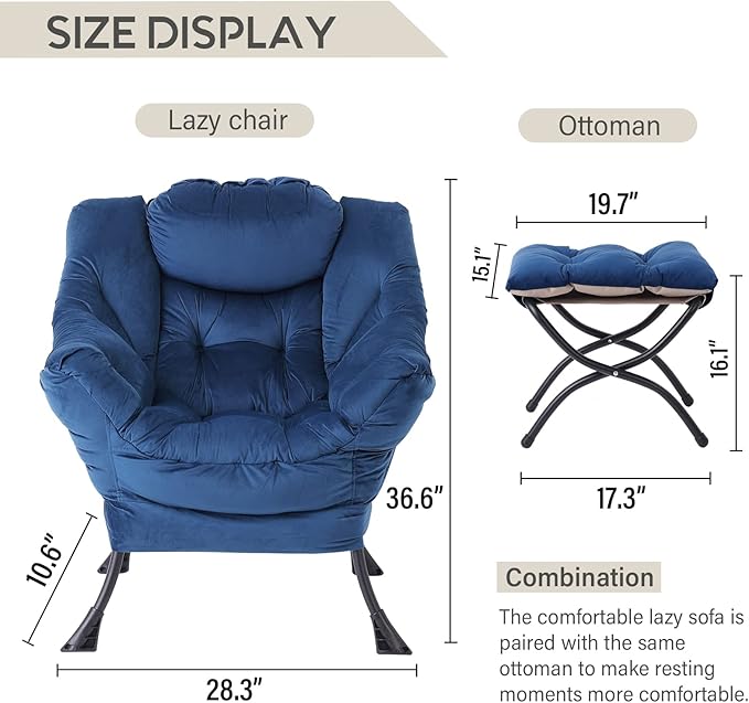 LITA Lazy Chair with Ottoman Modern Accent Leisure Upholstered Sofa Chair Contemporary Lounge Reading Chairs with Armrests and a Side Pocket for Living Room Bedroom &amp Small Space Royal Blue