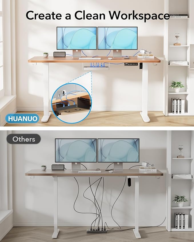 HUANUO Standing Desk Frame with 220lbs Powerful Brushless Motor Thick T-Shaped Adjustable Desk Legs Made of Automotive-Grade Steel for Max 75″ x 35″ Desktop for Home Office White Frame Only