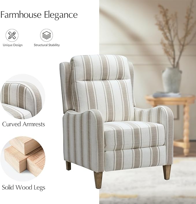 HULALA HOME Pushback Recliner Chair with Solid Wood Legs Fabric Striped Comfy Upholstered Seating with Footrest Armchair for Living Room/Reading TAN