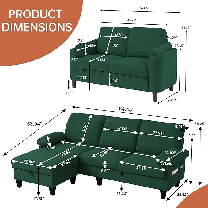 2 Pieces Sectional Sofa Set 79 3-Seat L Shaped Couches with Storage Ottoman and 59 Loveseat Sofa Set Polyester Fabric for Living Room Small Spaces Green
