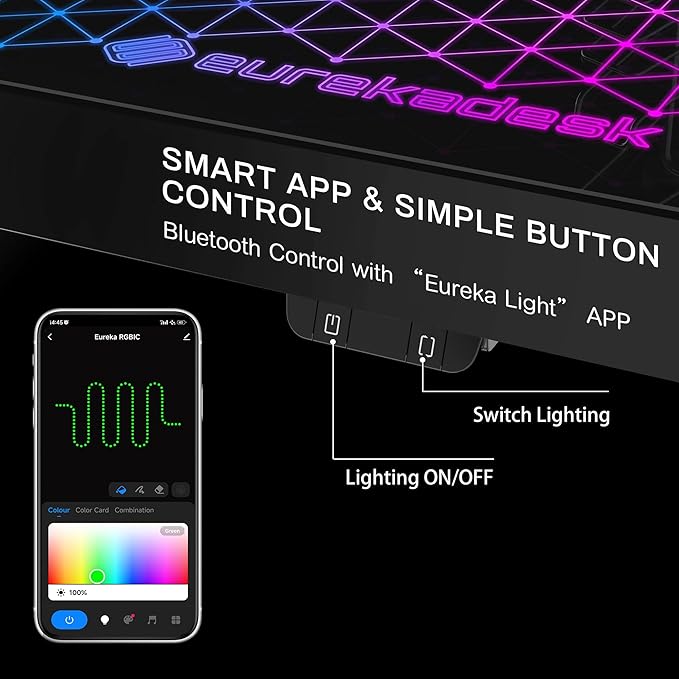 EUREKA ERGONOMIC RGB LED Gaming Desk Music Sync Lights Up Tempered Glass Desktop 43 GTG I43 Home Office Computer Table W Controller Rack 4 USB Charging Ports APP Control