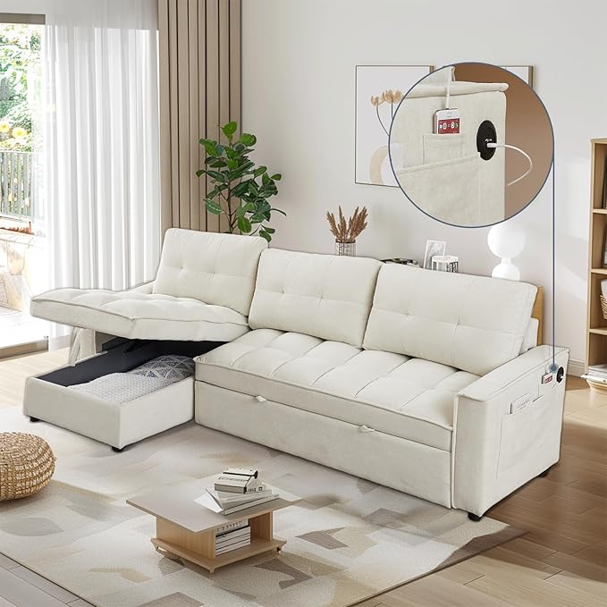 78.75 Sleeper Sofa CouchModern L-Shaped Couches Pull Out Couch with USB Ports&ampSide PocketSleeper Sectional Sofa for Living Room ApartmentChenille(Beige)