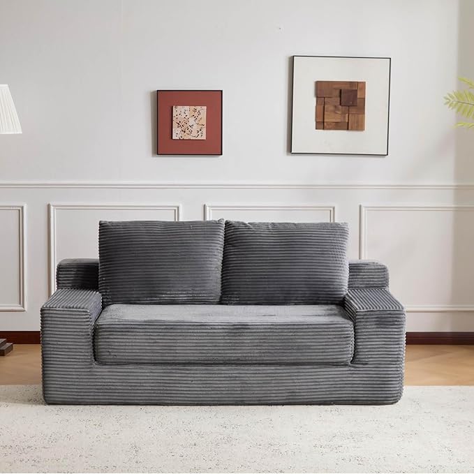 72 Boneless Loveseat Couch Foldable Pull Out Sofa Bed with 2 Pillows Corduroy Floor Sofa for Apartment Living Room Bedroom Guest Room No Assembly (Dark Grey)