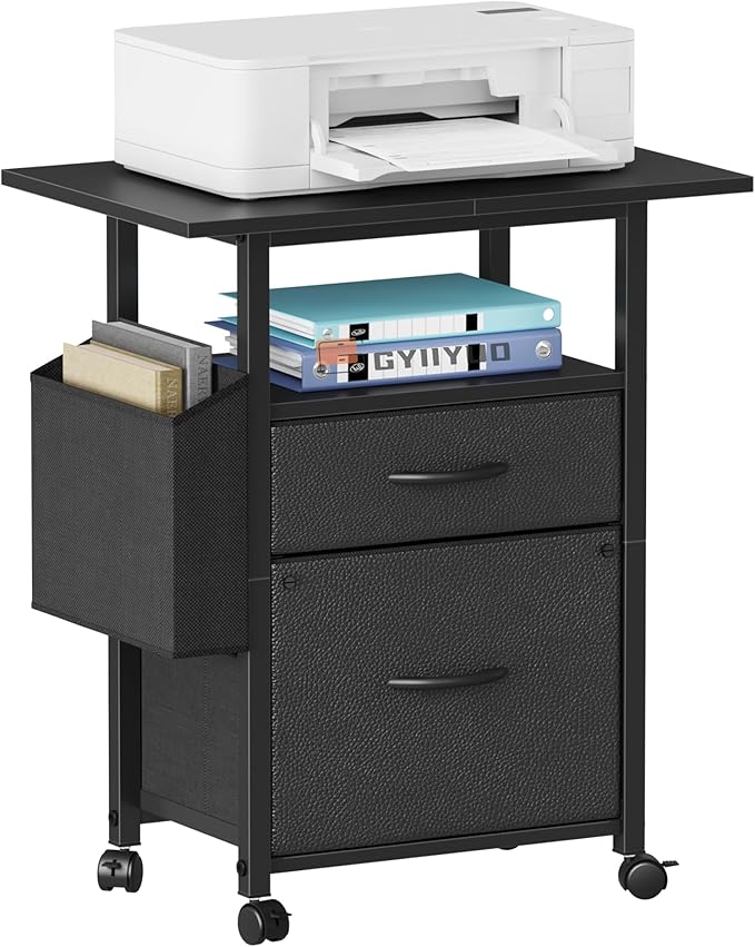 GYIIYUO 2 Drawer File Cabinet with 24'' Extended Desktop Mobile Filing Cabinet Rolling File Cabinet with Side Bag Fabric Drawer Fits A4/Letter Size Printer Stand Home Office Black