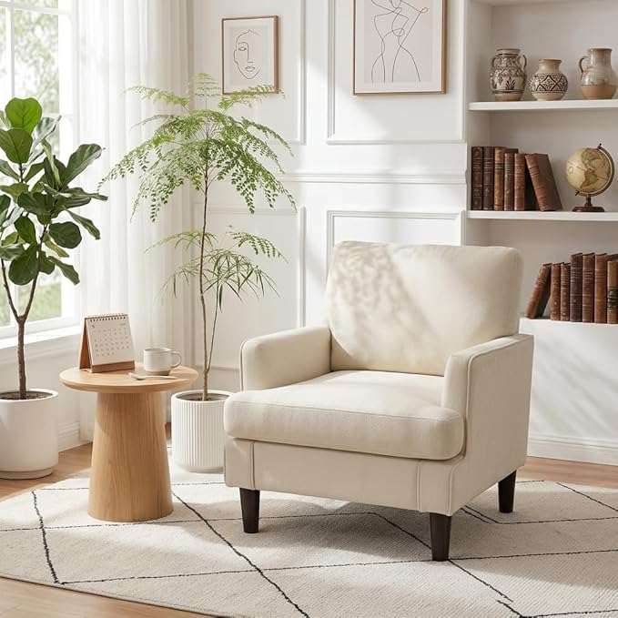 Kromax Accent Chair for Living Room Set of 2 No Screws Assembly Required Mid-Century Reading Chair for Bedroom Comfy Upholstered Armchair with Sturdy Legs Single Sofa Chair for Apartment Beige