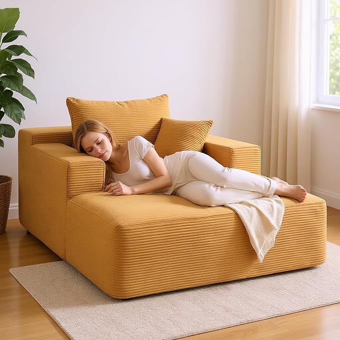 Monroe Convertible Chaise Lounge Chair Indoor – Oversized Corduroy Couch with Wide Armrest &amp Throw Pillows Cozy Boneless Sleeper Sofa Bed Armchair Ginger Yellow