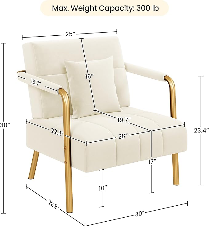 Yaheetech 30 W Accent Chair Velvet Oversized Armchair Living Room Chair with Golden Frame &amp Cozy Pillow for Living Room Bedroom Office Beige