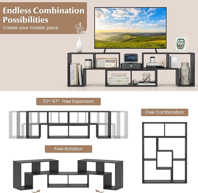GOFLAME 3 Pieces TV Console Stand Modern Entertainment Center for 50 55 60 65 Inch Flat Screen TV Free Combination Bookcase for Storage &amp Display Suitable for Living Room (Black Wood Grain)