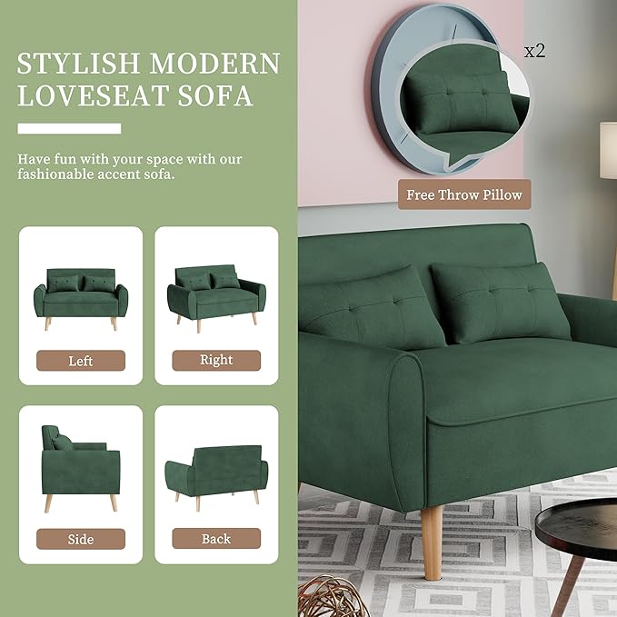Vongrasig 47 Small Modern Loveseat Sofa Mid Century Linen Fabric 2-Seat Sofa Couch Tufted Love Seat with Back Cushions and Tapered Legs for Living Room Bedroom and Small Space (Green)