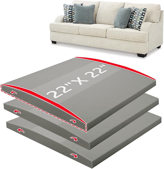 HAVARGO Couch Cushion Support High Density Foam 22X22X2.4 Inches Sofa Couch Supports for Sagging Cushions Light Grey 3Pc with Anti Slip Mesh Fabric