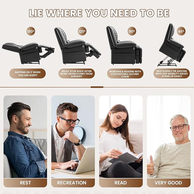 Large Dual Motor Power Lift Recliner Chair with Massage and Heat for Elderly People Infinite PositionUSB Ports and Remote ControlBreathable Leather (Black)