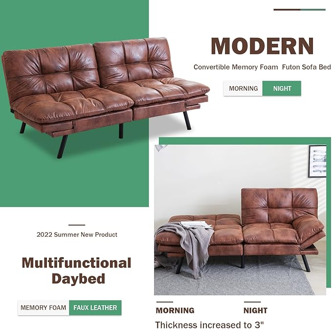 Vyfipt Futon Sofa Bed/Couch Memory Foam Small Splitback Sofa for Living RoomModern Loveseat with Covertible ArmrestsFaux Leather/Cushion Thicker Version(Brown)