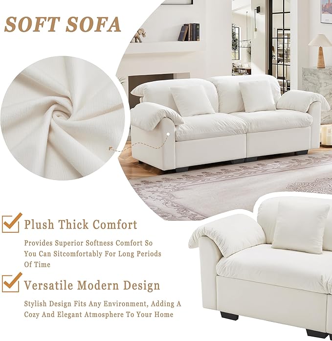 84 Small Loveseat Sofa Couch Upholstered 2-Seat Sofa with 2 Pillows Cloud Sofas with Storage Seat Velvet Comfortable Deep Couch for Living Room Small Space Apartment Removable Cover White